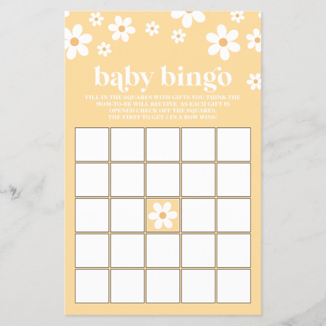 Flyer Bingo de Chá de Bebê Amarelo Retro Daisy (Frente)