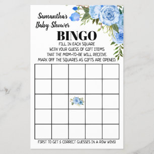 Flyer Bingo de Chá de Bebê Azul carta de jogo em inglês 