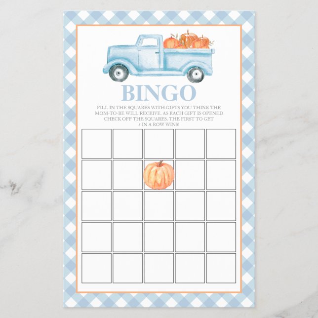 Flyer Bingo de Chá de Bebê de caminhão azul abóbora (Frente)