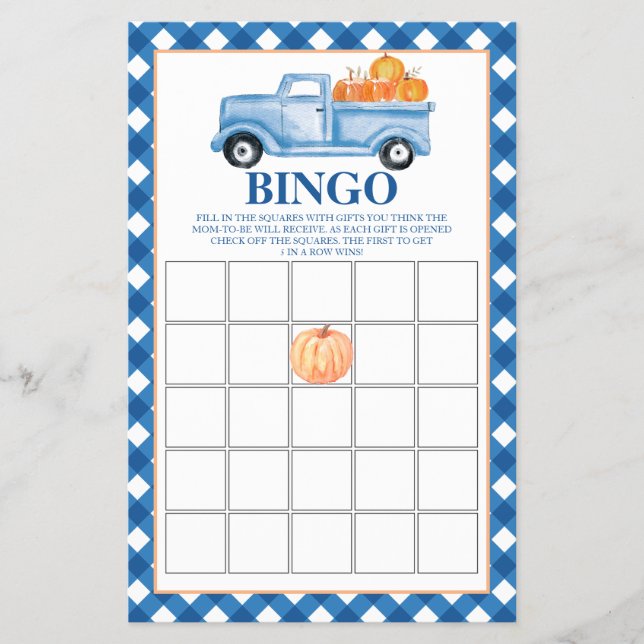 Flyer Bingo de Chá de Bebê de caminhão azul abóbora (Frente)