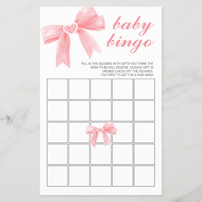 Flyer Bingo de Chá de Bebê floral com Laço Rosa (Frente)