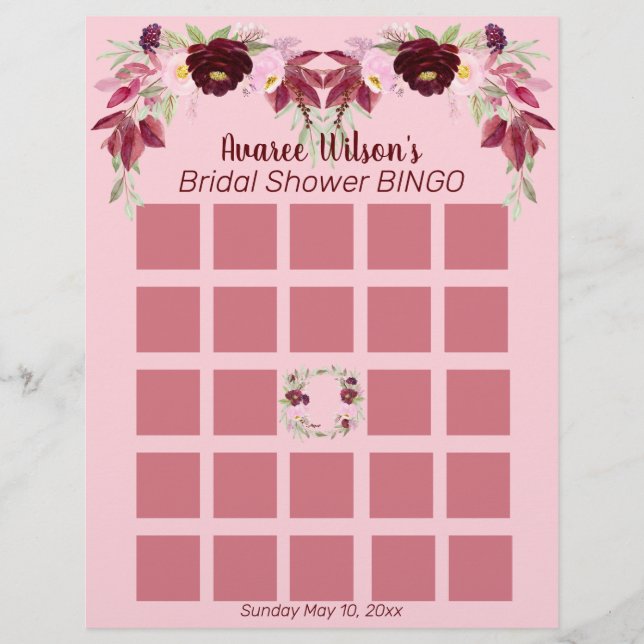 Flyer Bingo de Chá de Noiva com Aquarela Rosa e Borgonha (Frente)