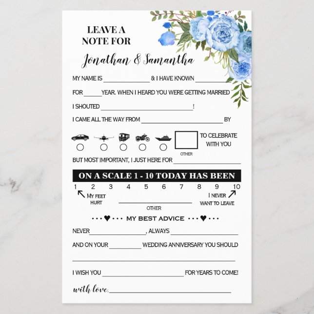Flyer Blue Floral Note for Couple Wedding Reception Card (Frente)