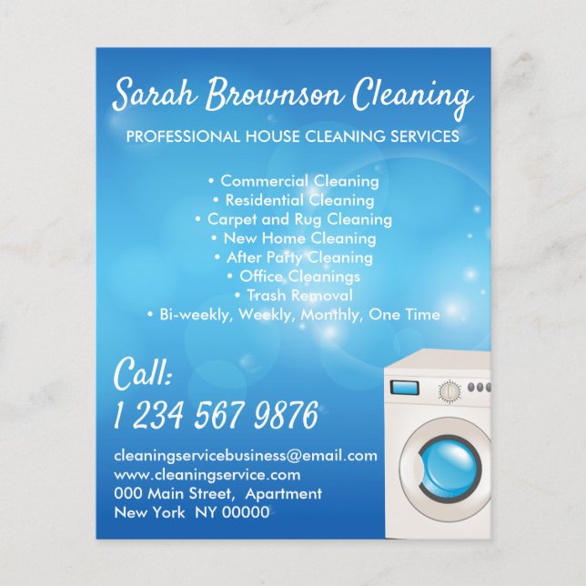 Flyer Blue Washing Machine Janitorial Maid House Clean (Frente)
