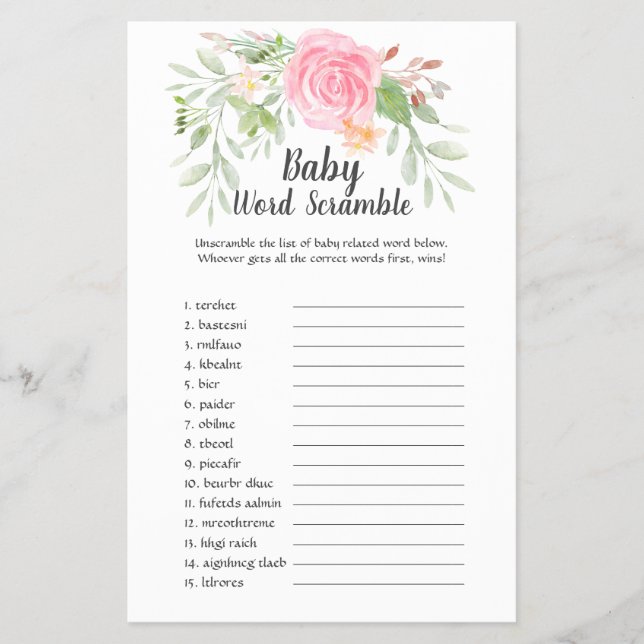 Flyer Blush Peonies Baby Word Scramble (Frente)