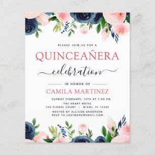 Flyer Blush Rosa Azul Marinho Floral Quinceanera Orçamen