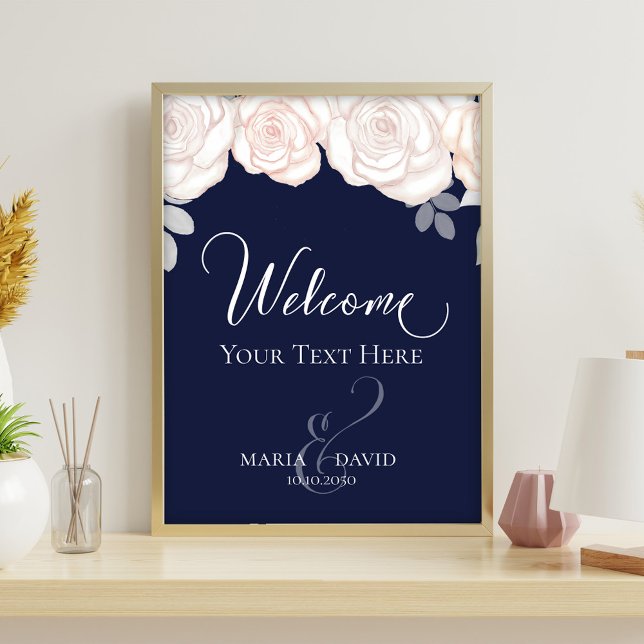 Flyer Boas-vindas ao Elegante Crie seu próprio Marinho a (Navy blue wedding welcome sign with blush roses and elegant script typography.)