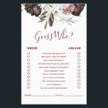 Flyer Boho Burgundy Rosas caem Chá de panela<br><div class="desc">Quem conhece a melhor noiva "Adivinha Quem? "jogo de chá. Fall boho burgundy rosa.</div>