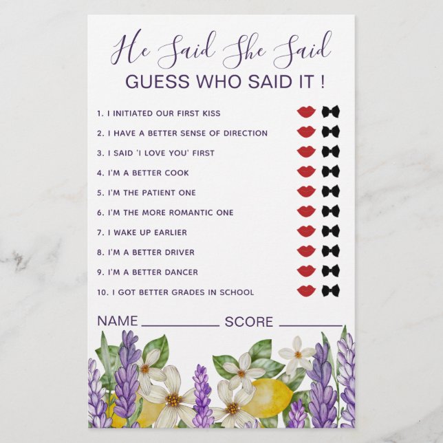 Flyer Boho Lemons E Lavanda Disse Que Ela Disse Jogo (Frente)