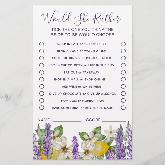 Flyer Boho Lemons e Lavanda Ela Preferencialmente Jogo (Frente)