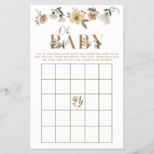 Flyer Boho Oh Baby Floral Chá de fraldas Bingo Game