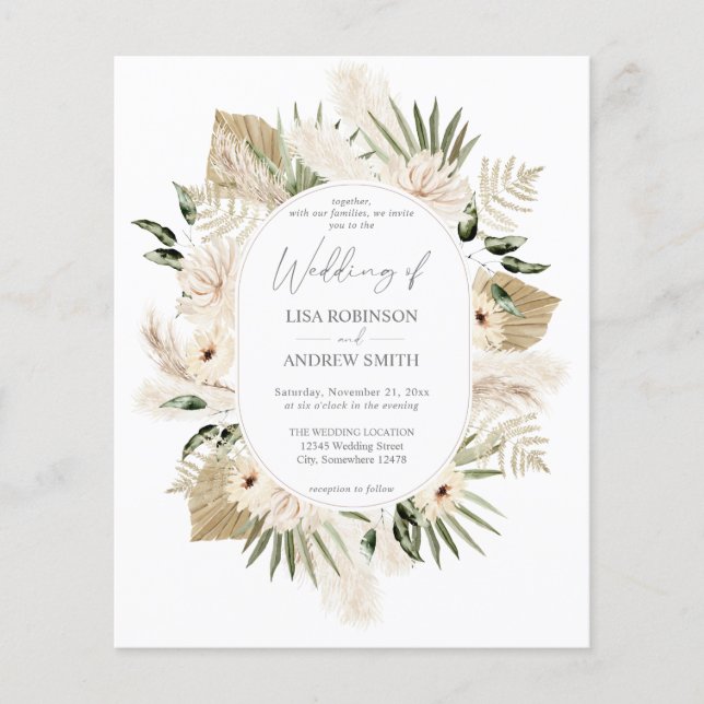 Flyer Boho Pampas Grass & Beige Floral Weding (Frente)