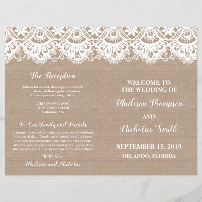 Flyer Boletins do programa Burlap e Lace Weds, Rustic (Frente)
