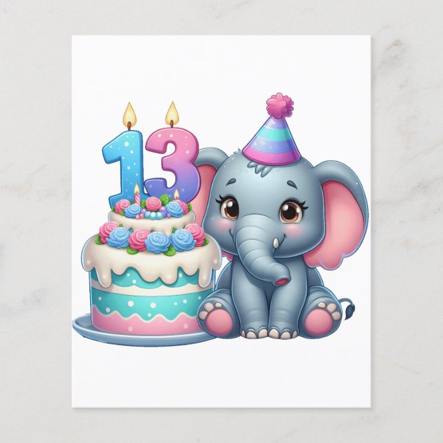 Flyer Bolo de Elefante de Aniversário de 13 Anos (Frente)