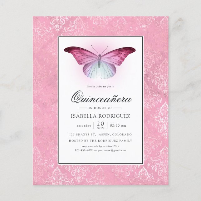 Flyer Borboleta Rosa Brilhante Quinceañera (Frente)