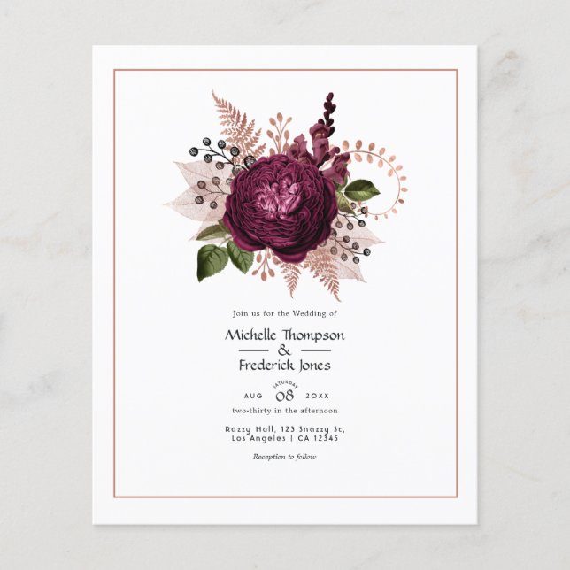 Flyer Bordô - Casamento Floral Marsala e Dourado Rosa (Frente)