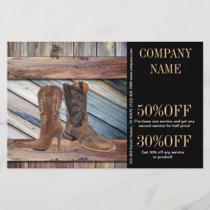 Flyer botas de cowboy de madeira de celeiro vintage moda