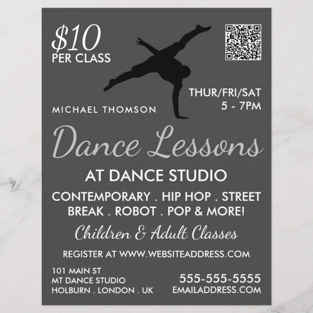 Flyer Break Dancer Silhouette, Anúncio de lição de dança (Frente)