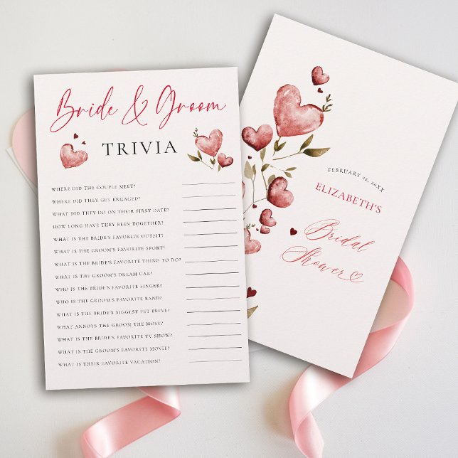 Flyer Bride Groom Trivia Valentine Bridal Shower Elegant (valentine bridal shower game bride groom trivia brunch bubbly watercolor hearts showered with love)