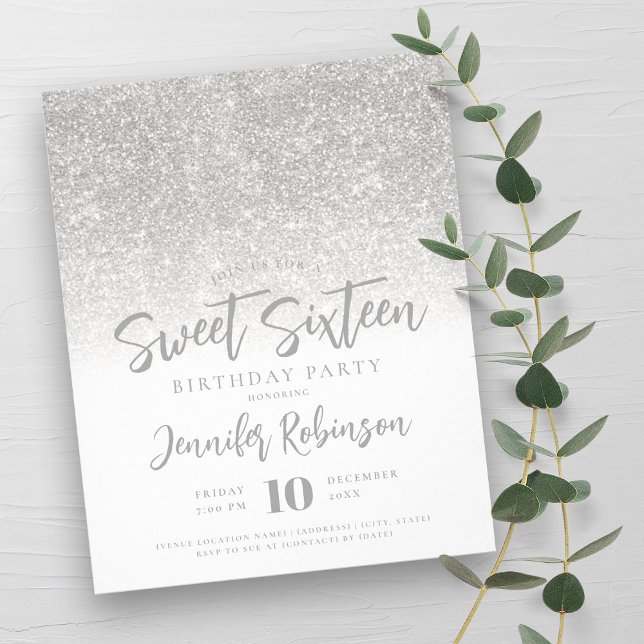 Flyer Brilhante Branco de Prata de Orçamento Doce 16 Con (Budget Silver White Glitter Sweet 16 Invite Flyer)