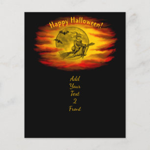 Flyer bruxa voadora com gato preto, noite de halloween