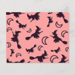 Flyer Bruxa voadora entre meia lua na noite de Halloween