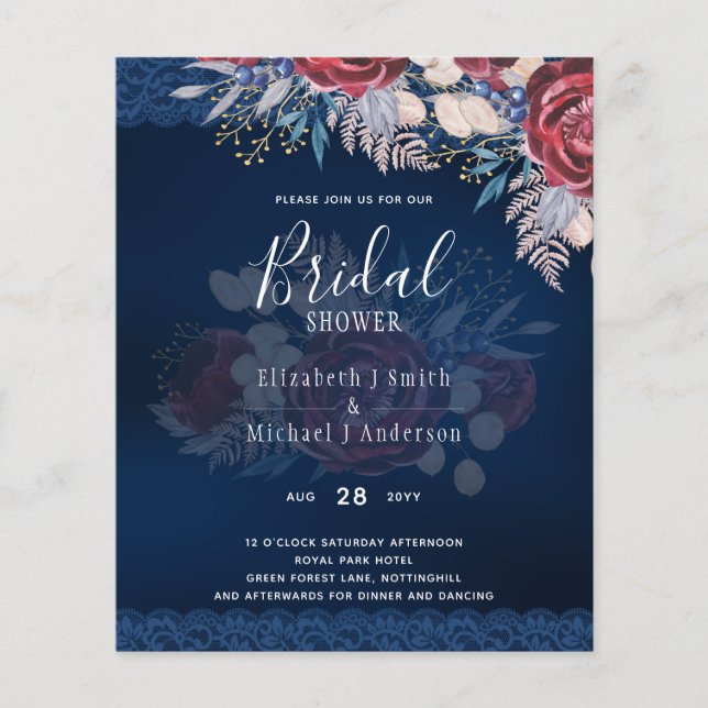 Flyer Budge Burgundy Blue Floral Chá de panela Invite (Frente)