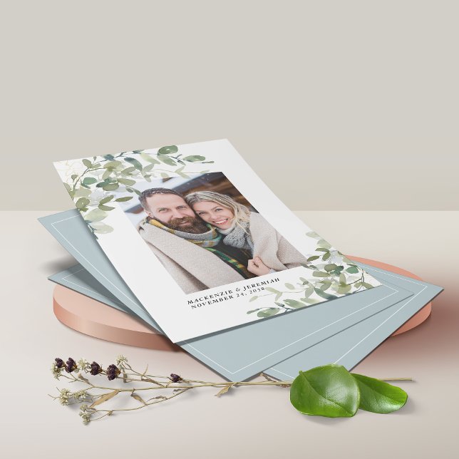 Flyer BUDGET Azul Eucalyptus Foto de casamento Salvar a  (Criador carregado)