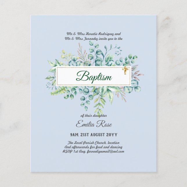 Flyer BUDGET Baptism Bautizo Bautismo GREENERInvites (Frente)