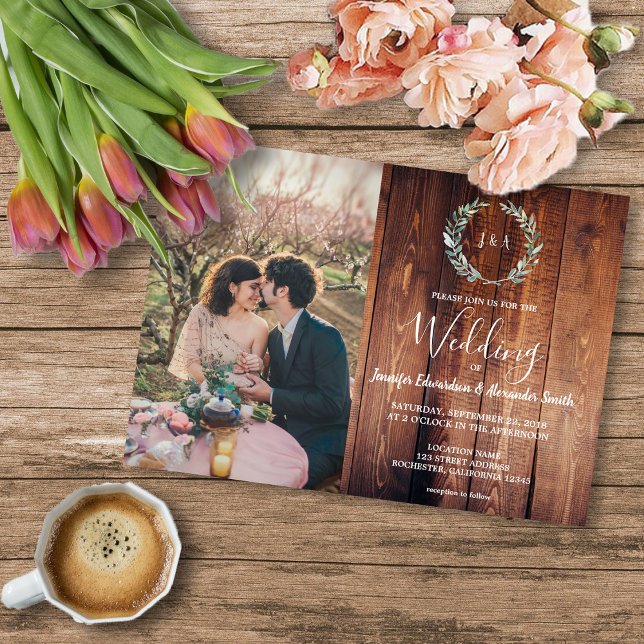 Flyer Budget barn wood monogram photo Wedding invitation (Budget barn wood monogram photo Wedding invitation Flyer. For your rustic country wedding,)