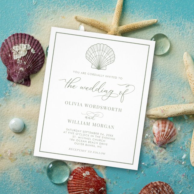 Flyer Budget Beach Shell Weding Convite Sage Green (Criador carregado)