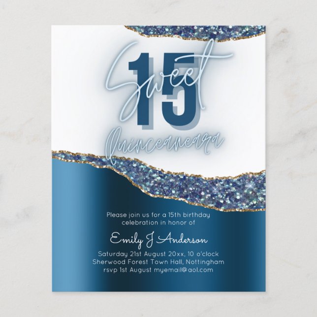 Flyer BUDGET Blue Silver Foil Glitter Quinceanera 15 F (Frente)
