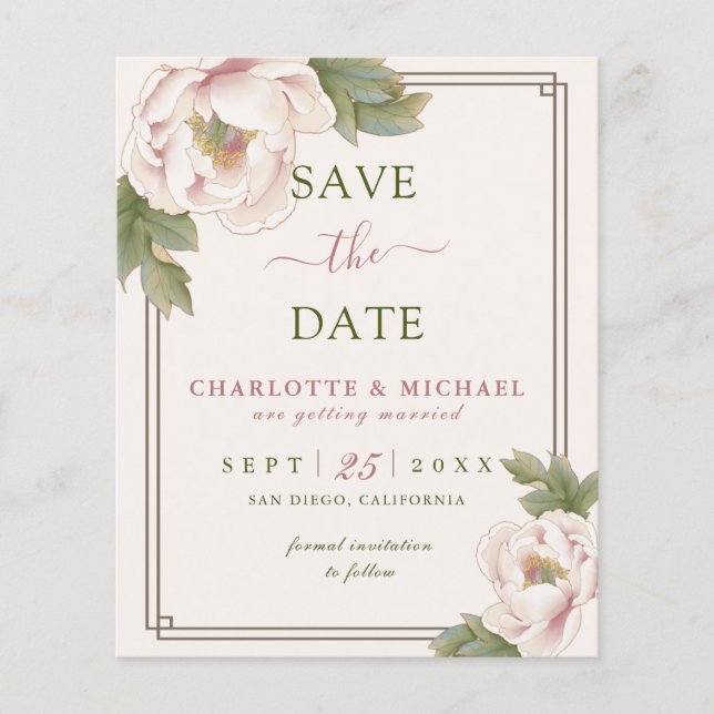 Flyer BUDGET Blush Peony Floral Casamento Salve a Data (Frente)