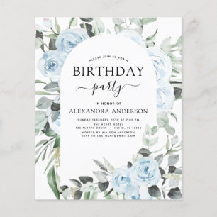 Flyer Budget Dusty Blue Birthday Party Floral Invitation