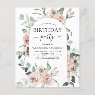 Flyer Budget Dusty Pink Birthday Party Floral Invitation