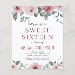Flyer Budget Dusty Rose Floral Sweet Sixteen Invitation