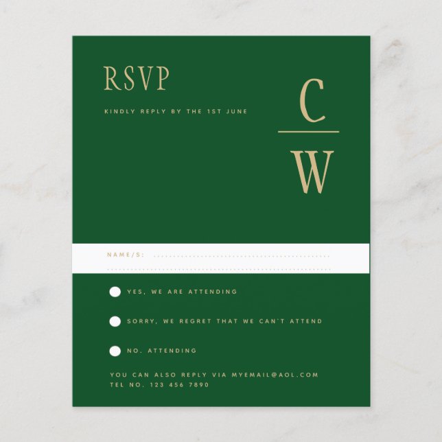 Flyer BUDGET Emerald Green Dourado Wedding RSVP (Frente)