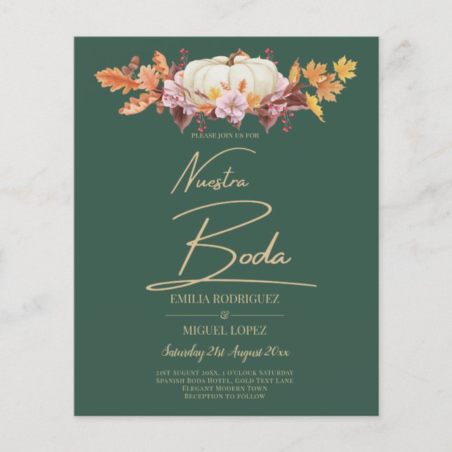 Flyer BUDGET ESPANHOL BODA Pumpkin Casamento Dourado Ver (Frente)