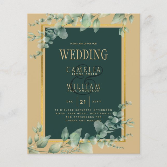 Flyer BUDGET Eucalyptus WEDING CÓDIGO QR DOURADO CONVITE (Frente)