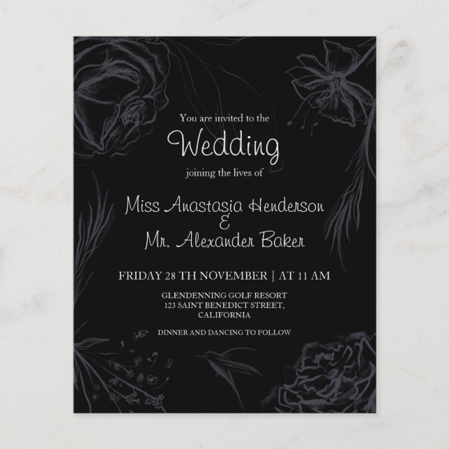 Flyer Budget/Floral/Black - Convite De Casamento. Folhet (Frente)