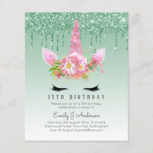 Flyer BUDGET Glitter Rosa Unicorn Raparigas Aniversário