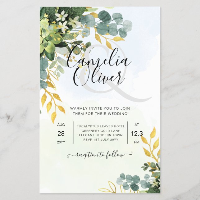 Flyer BUDGET Greenery Dourado Eucalyptus deixa casamento (Frente)