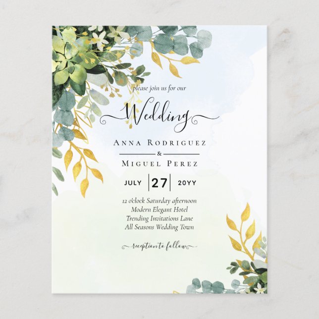 Flyer BUDGET Greenery Dourado Eucalyptus deixa casamento (Frente)