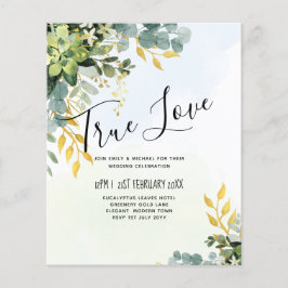 Flyer BUDGET Greenery Dourado Eucalyptus deixa casamento