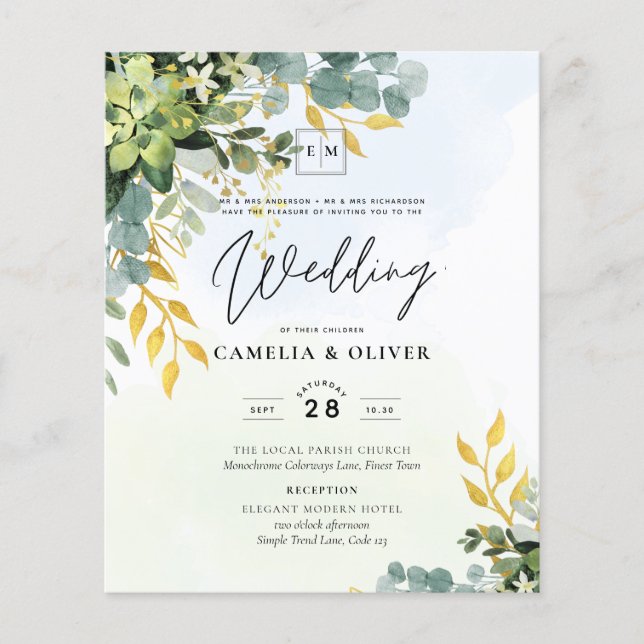 Flyer BUDGET Greenery Dourado Eucalyptus deixa casamento (Frente)