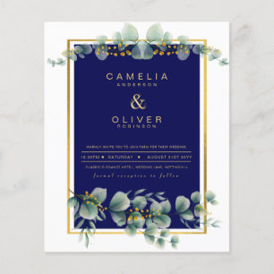 Flyer BUDGET NAVY GOLD Eucalyptus Wedding Invite QR CODE