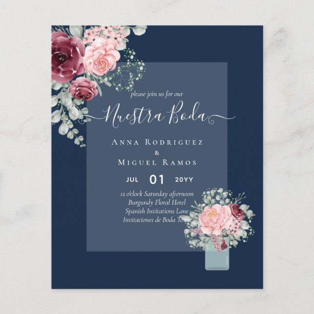 Flyer BUDGET Nuestra BODA Burgundy Casamento Floral Rosa (Frente)