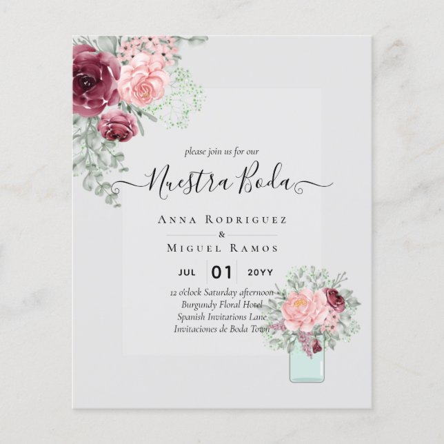Flyer BUDGET Nuestra BODA Burgundy Casamento Floral Rosa (Frente)