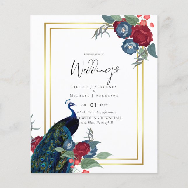 Flyer BUDGET Peacock Blue Burgundy Casamento outono (Frente)