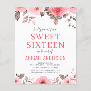 Flyer Budget Pink Rose Floral Sweet Sixteen Invitation